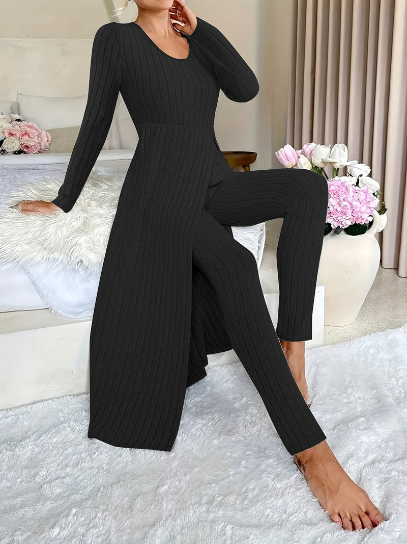 2pcs Women's Designer Round Neck Split Long Sleeve Top and Pants.