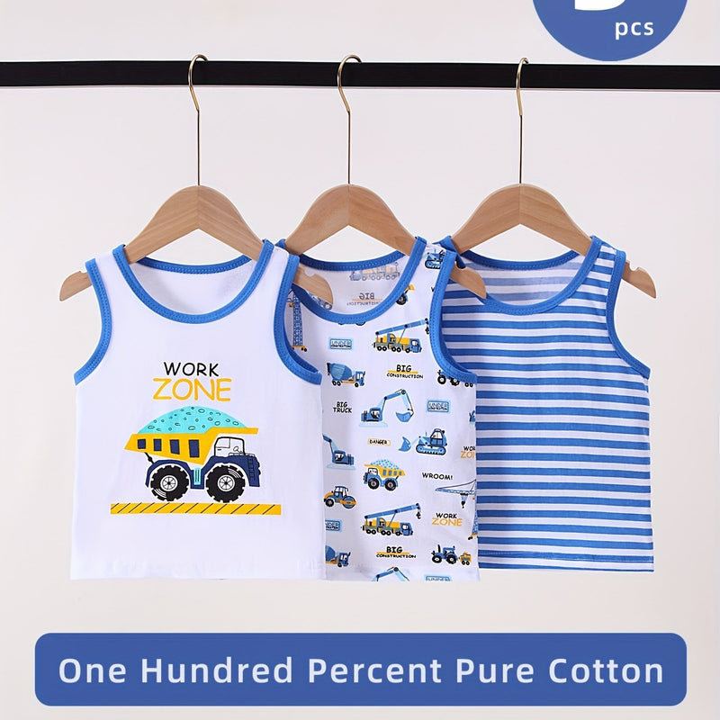Boys Summer Tank Top Set 3pcs, Blue Print Sleeveless T-Shirt for Kids.