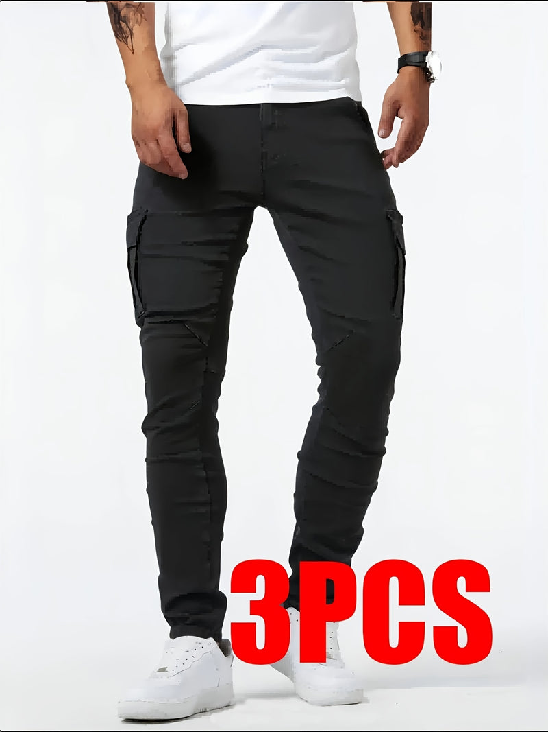 Men's Casual Multi-Pocket Stretchy Denim Pants Set of Three.