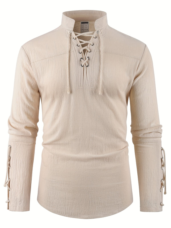 Men's Vintage Lace-Up Henley Collar Shirt Long Sleeve.