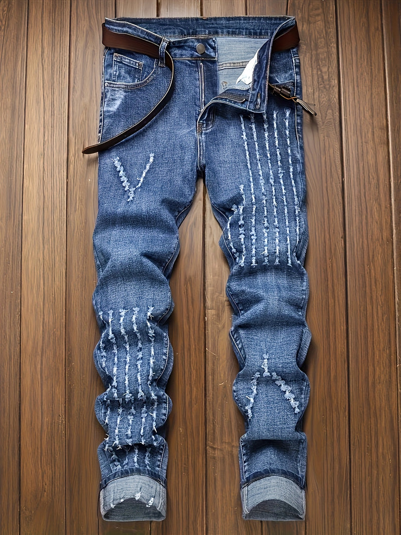 Blue Men's Slim Fit Fashion Multi-Technique Stretch Jeans.