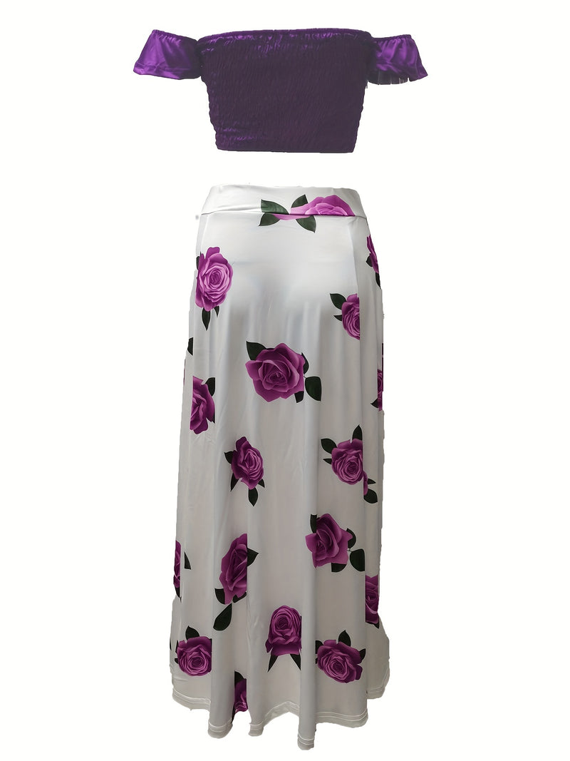 2pcs Women’s Off Shoulder Crop Top & Floral Print Skirt Outfits.