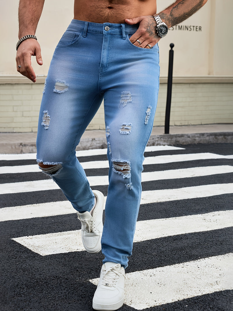 Men's Skinny Ripped Jeans Medium Stretch, Solid Color, All-Season Fit.