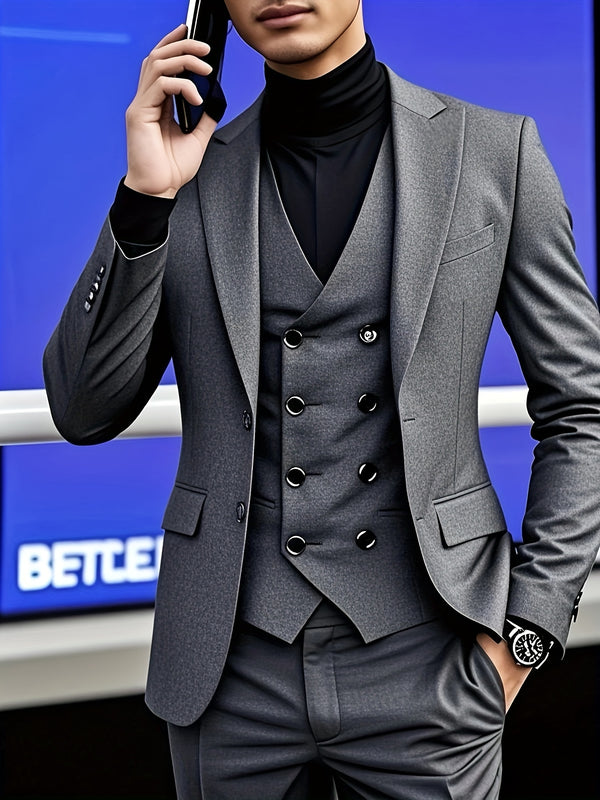 A Premium Three-Piece Suit for Men, Including a Large-Sized Suit Set, Trousers.