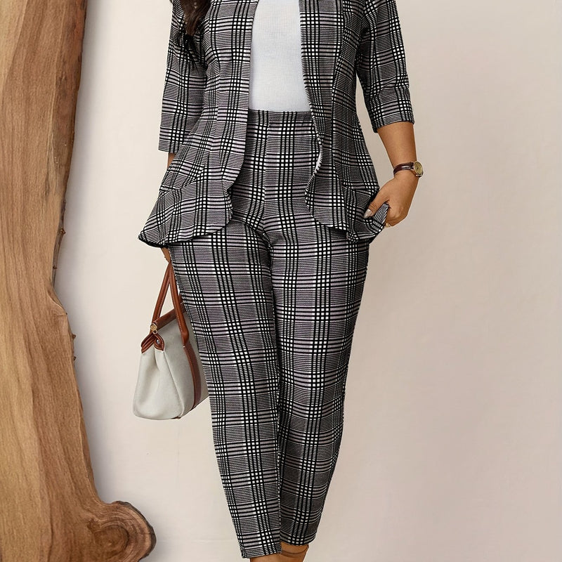 Women's Two-Piece Plaid Print Casual Three-Quarter Sleeve Work.