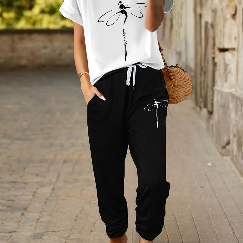 Women's 2pcs Outfit - Batwing V-Neck Top with Dragonfly & Letter Print.