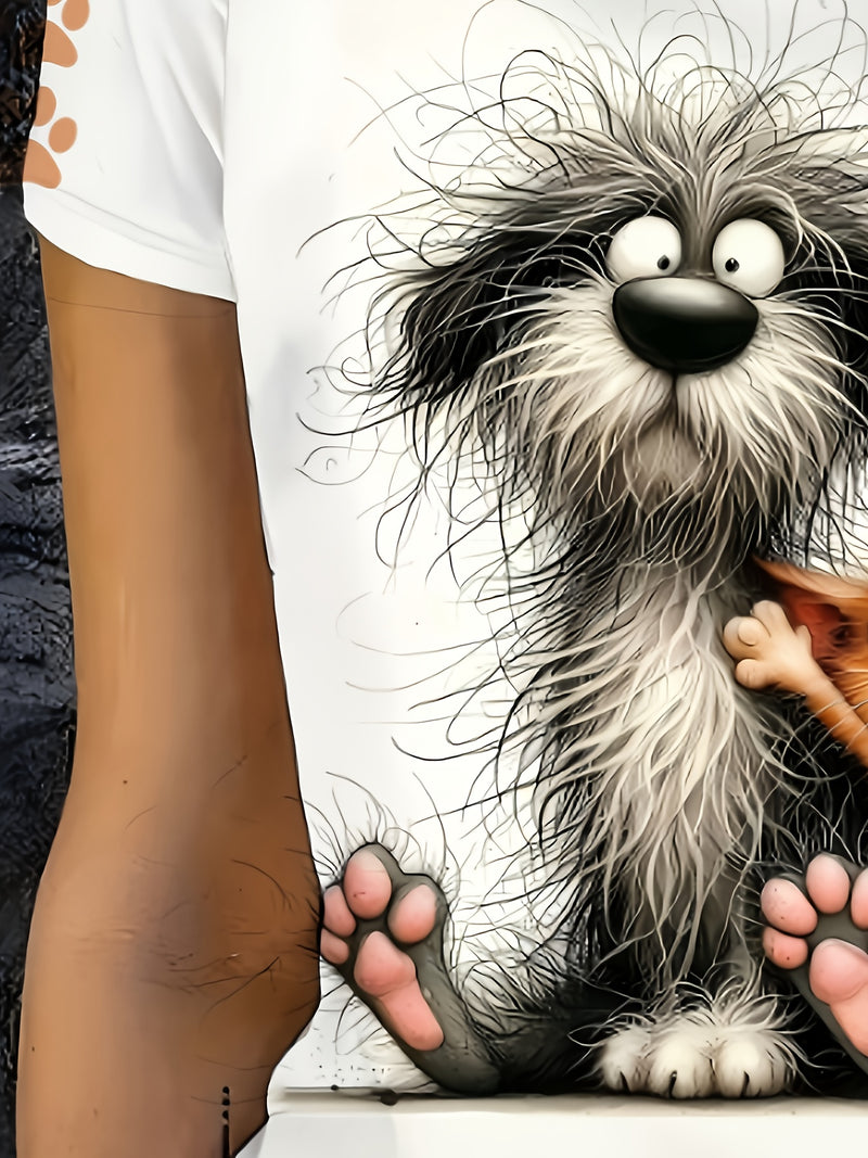 Women's Cute Pet Lover T-Shirt - Dog & Print Short Sleeve Crew Neck Top.