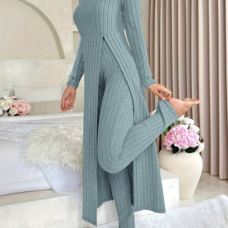 2pcs Women's Designer Round Neck Split Long Sleeve Top and Pants.