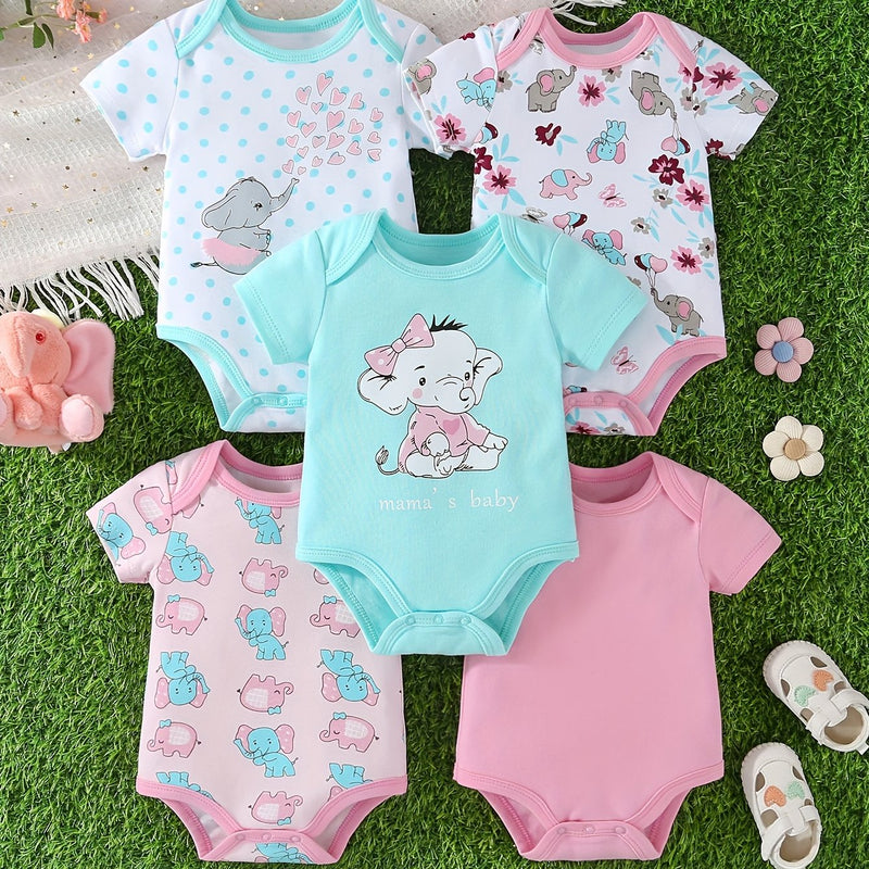 Five-Piece Set of Short-Sleeved Pure Onesies Featuring a Comfortable Cartoon.