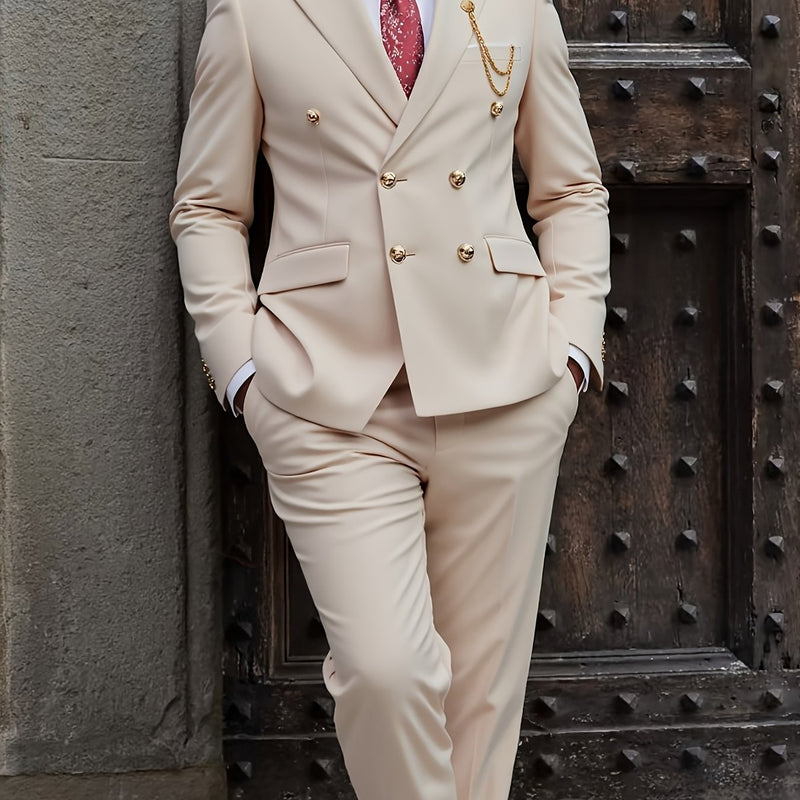 Men's 2pcs Suit, Double-Breasted Notch Lapel Solid Color Blazer and Pants Set.