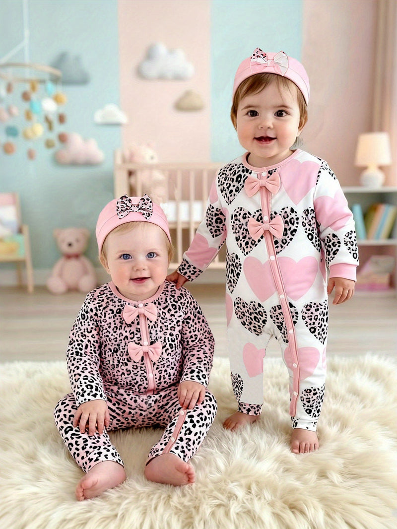 4pcs Girls' Spring/autumn New Leopard Print Romper with Bow Tie and Hat.