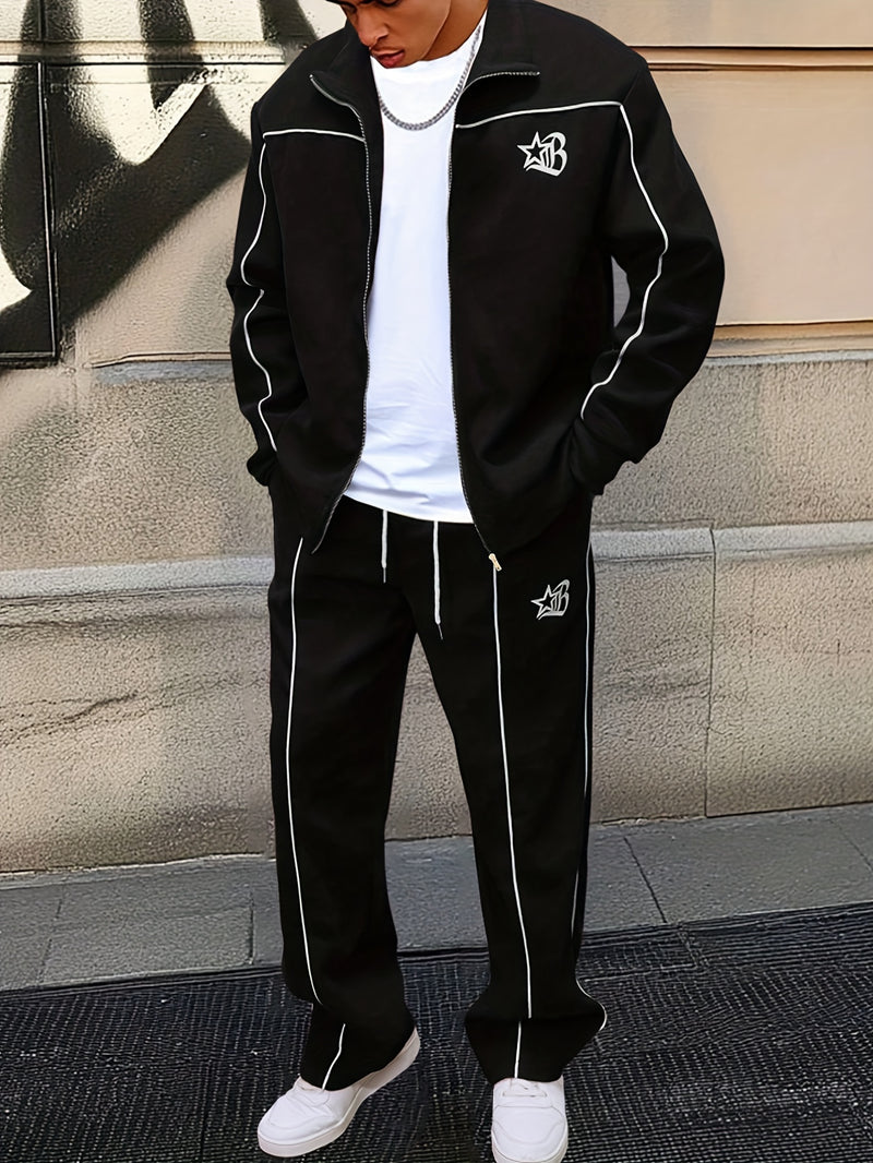 Men's Black Stand-Up Collar Metal Zipper Trendy Color.