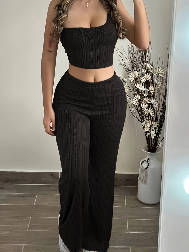 Women’s Black 2pcs Set, One-Shoulder Vest + Long Pants Casual Suit.