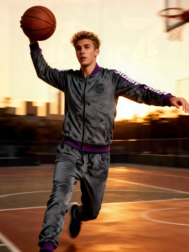 Student Fashion Velvet Sports Suit Men Premium Plush Casual Jacket Pants 2pcs.