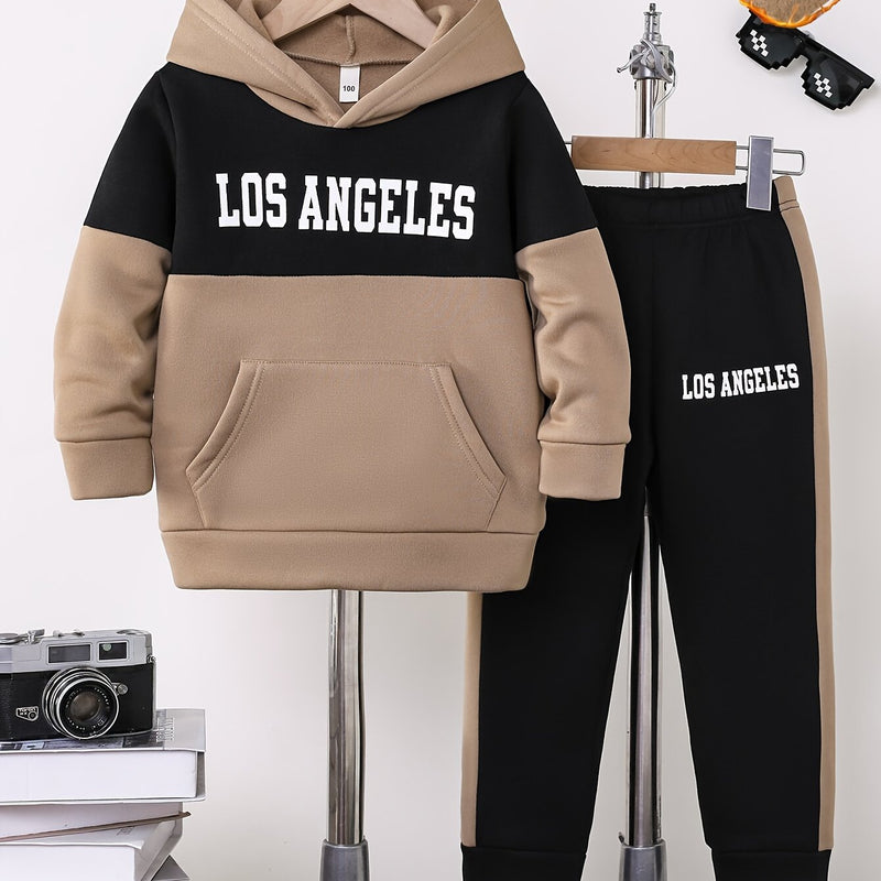 2pcs Boys Autumn/Winter Fleece-Lined Hooded Sweatshirt and Pants Set.