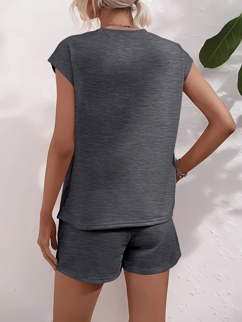 Women’s Graphic Print Two Piece Set, Short Sleeve T-shirt & Shorts.