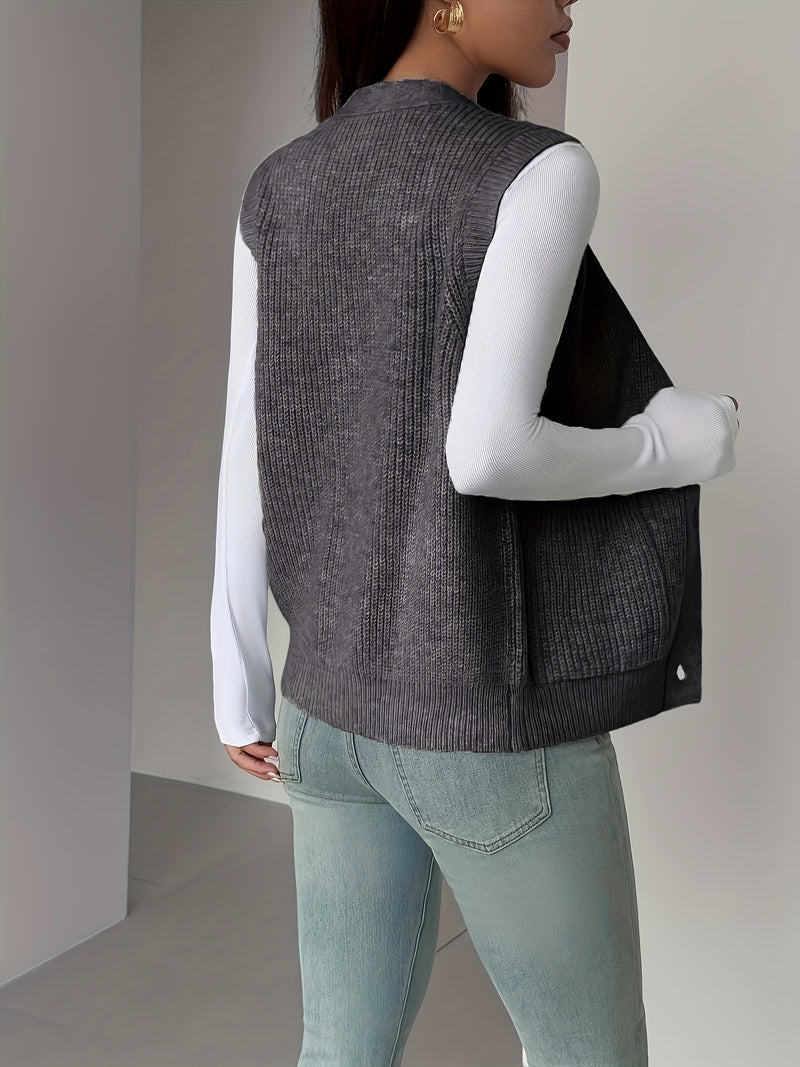 New Solid Color V-Neck Pocket Women's Sweater Vest.