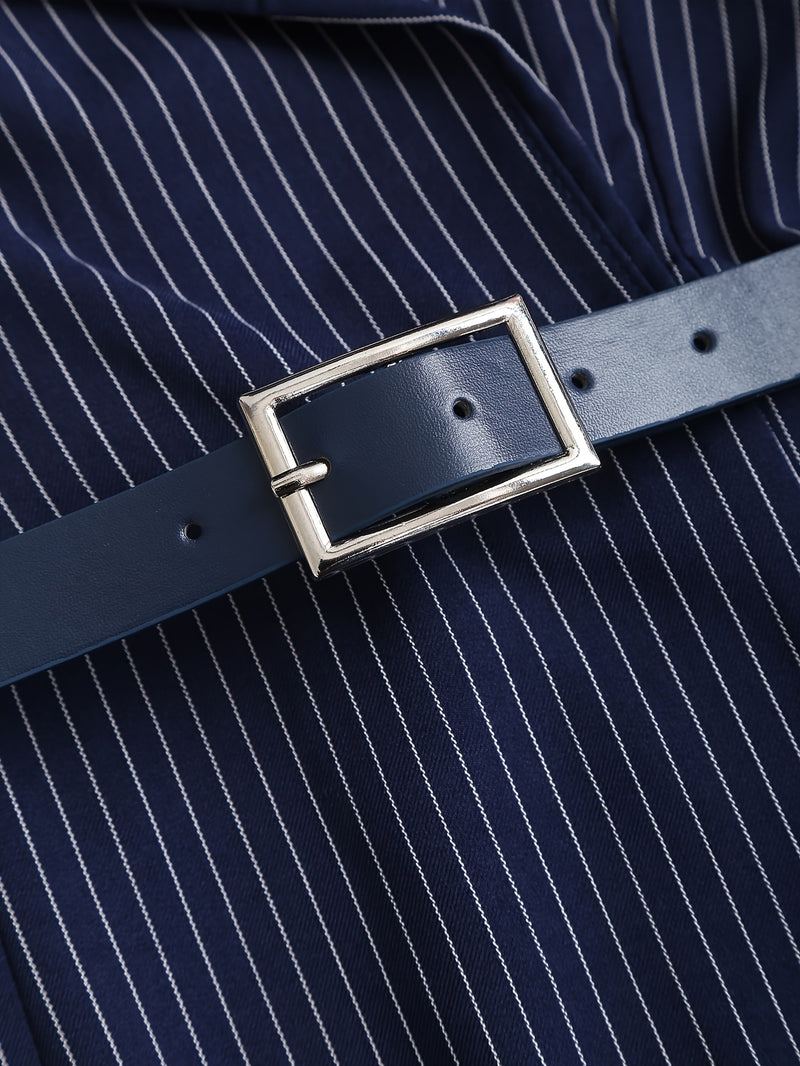 Women's Elegant Vertical Striped Dress with Removable Belt.