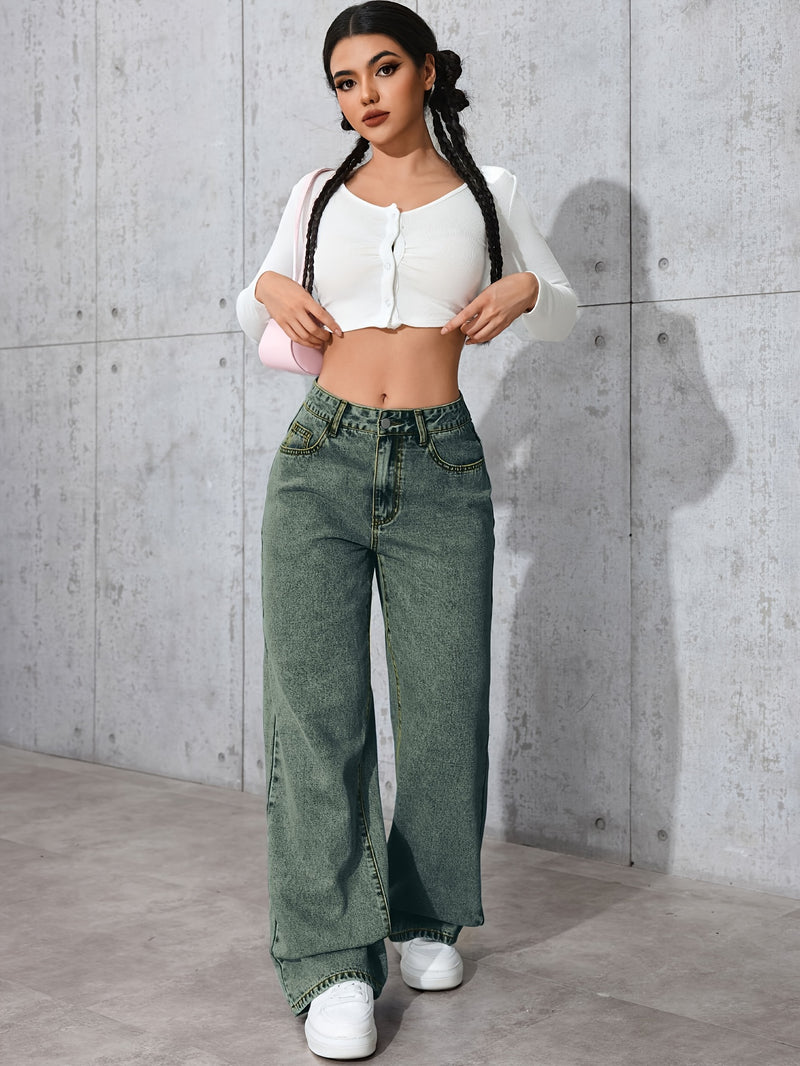 Women's High-Waisted Simple Versatile Distressed Wide Leg Jeans.