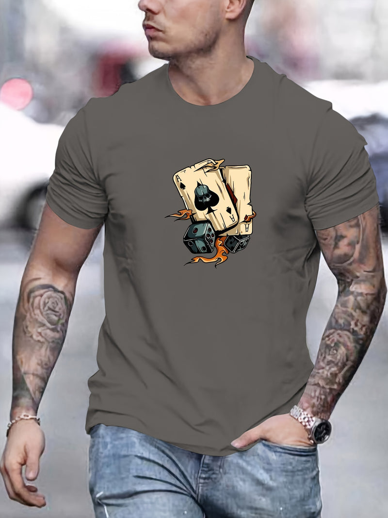 Men's Poker Card Pattern Summer Casual Crew Neck Short T-Shirt.