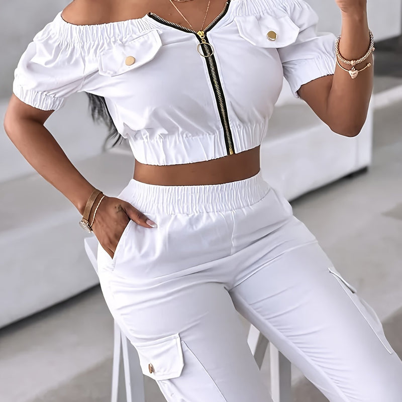 Women’s Elegant Off-Shoulder Short Sleeve Zipper Top and Drawstring Pants.