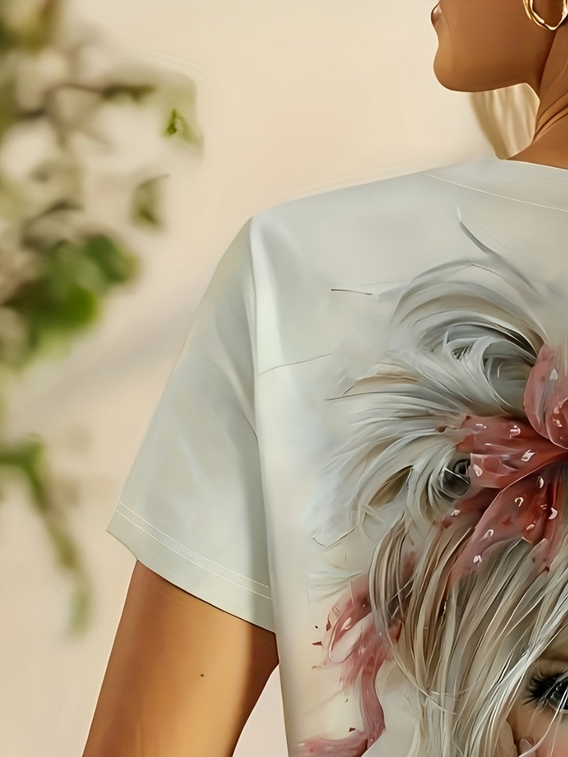 Women's Summer Short-Sleeve T-Shirt with Cute Portrait Print.