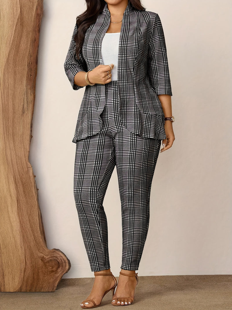 Women's Two-Piece Plaid Print Casual Three-Quarter Sleeve Work.