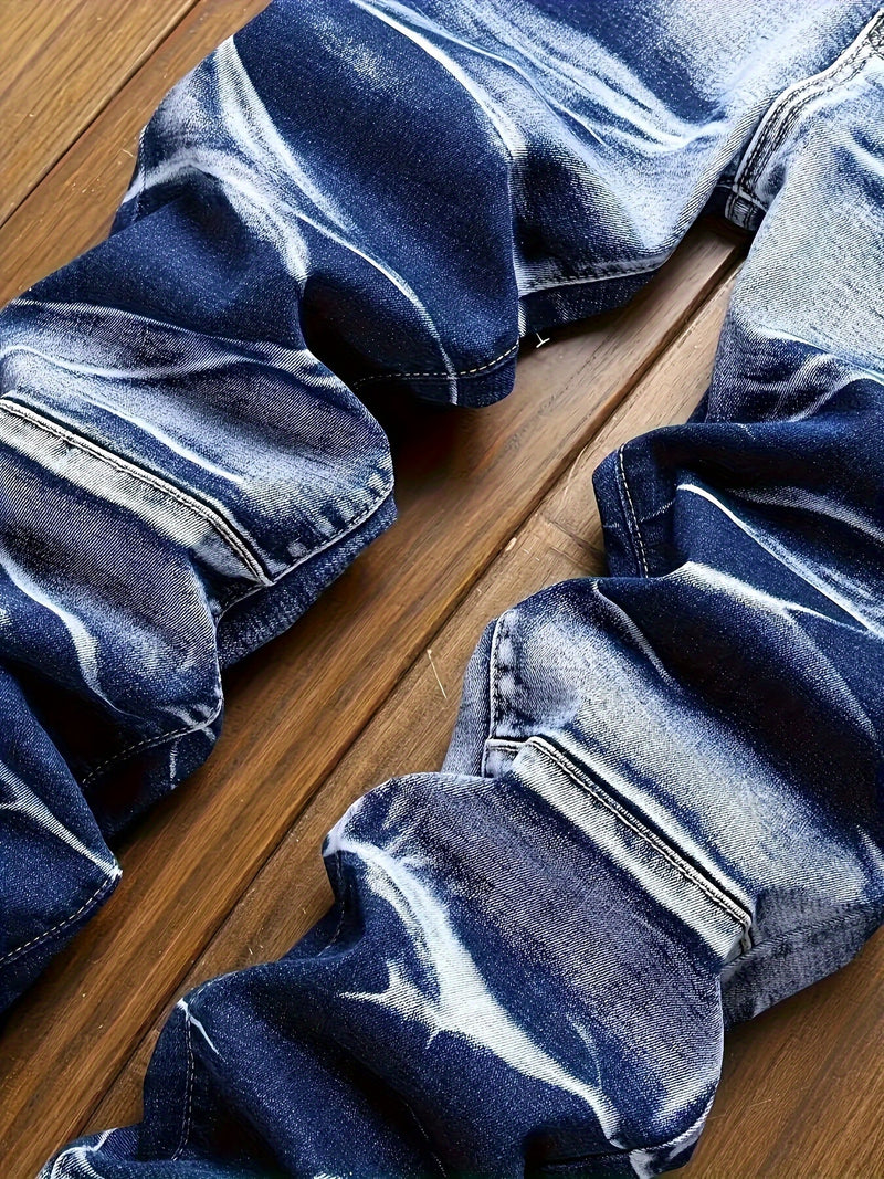Men's Streetwear Brand Motorcycle Jeans with a Unique Wrinkled Design.