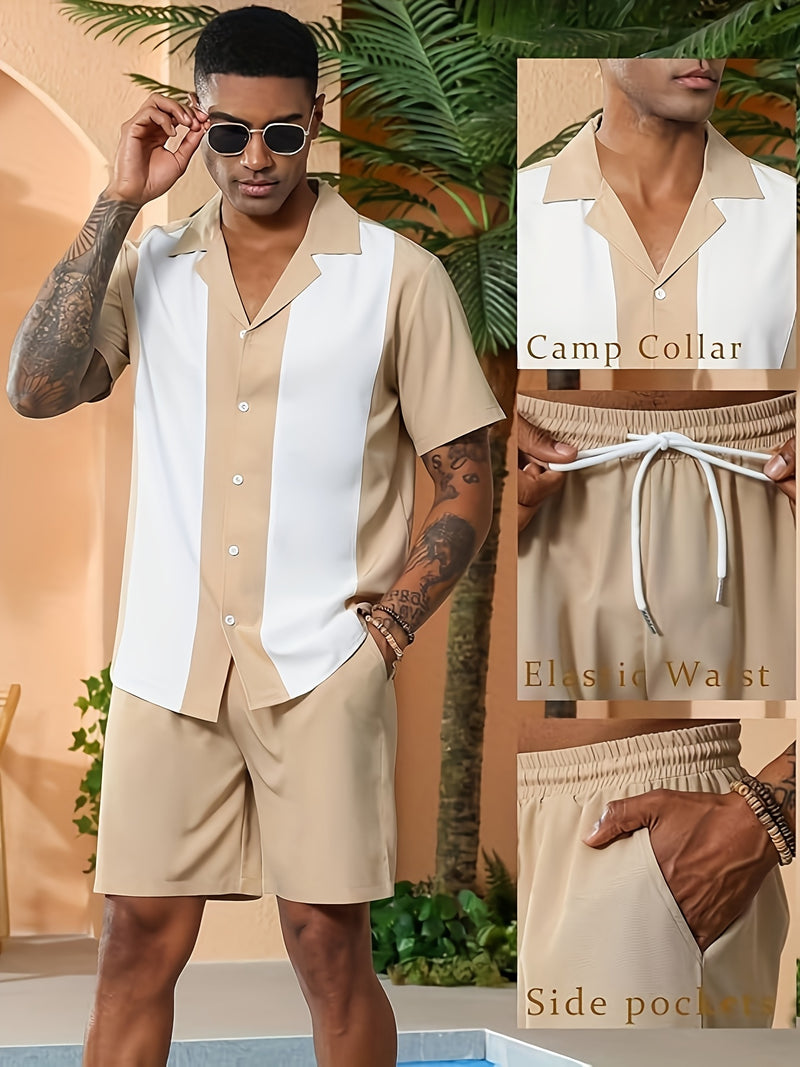 Men's Casual Khaki & White Striped Cuban Collar Shirt and Shorts Set.