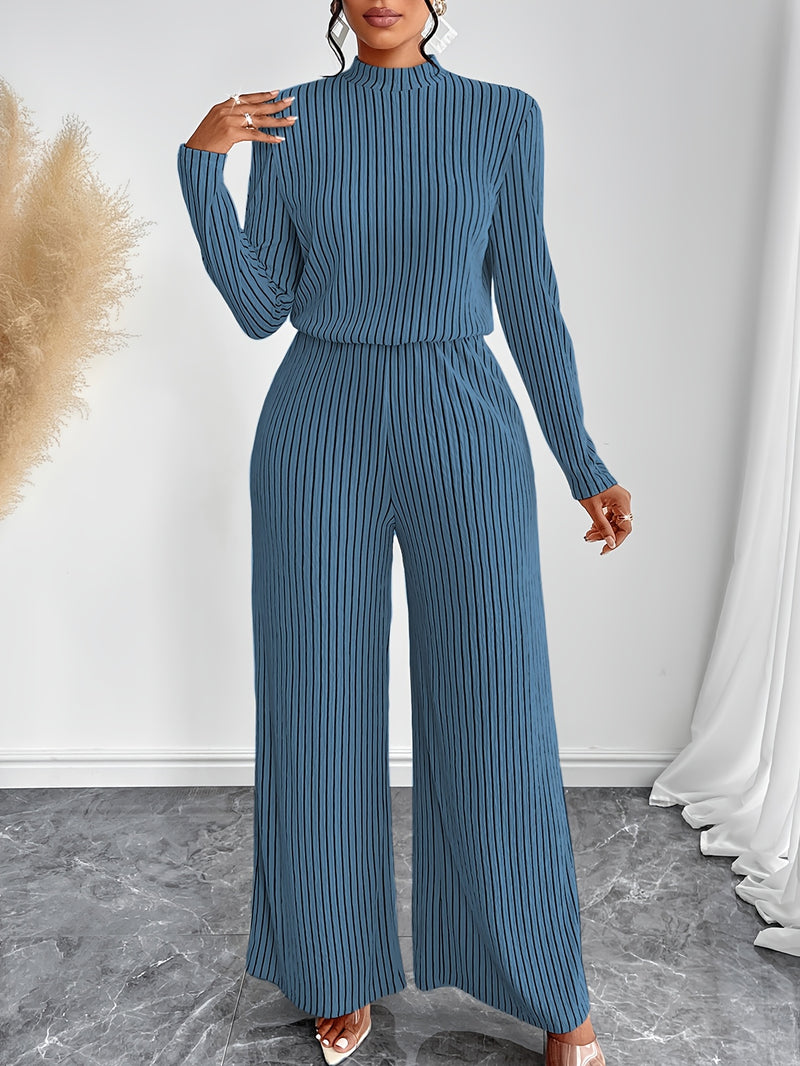 Women's Casual Elegant Long Sleeve Wide Leg Body Suit with Clavicle Collar.