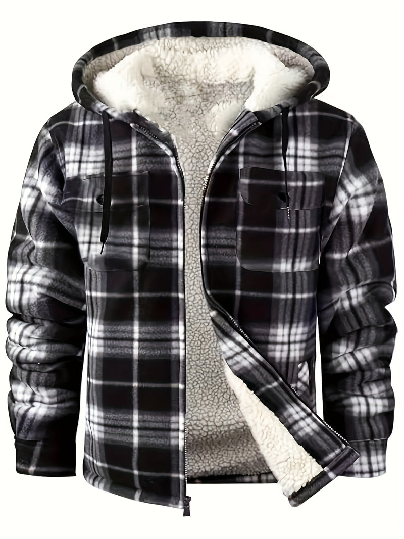 Men's Warm Jacket with Sherpa Lining, Plaid Hooded Zip-Up Winter Coat.