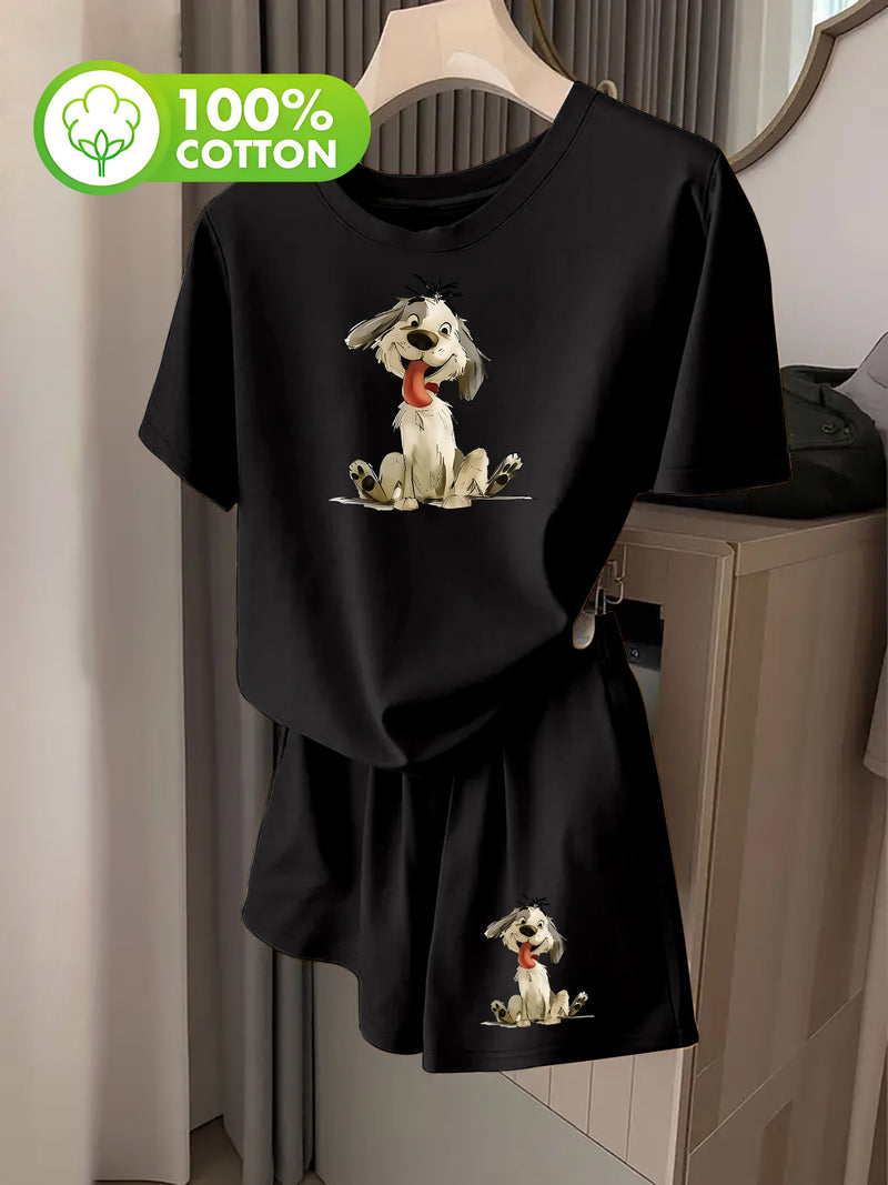 Women's Fashion Cartoon Puppy Print Short Sleeve T-Shirt and Shorts.