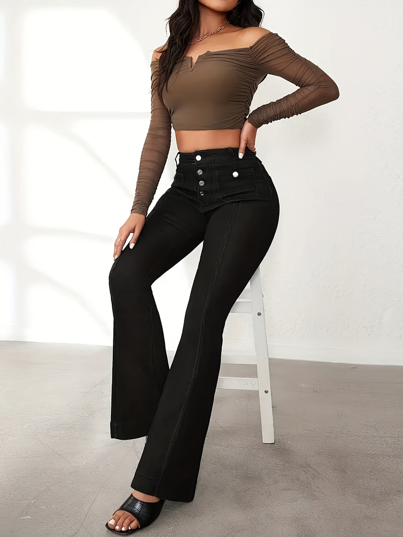 Women's Retro Row Button High Elastic Denim High Waist Slim Fit Flared Pants.