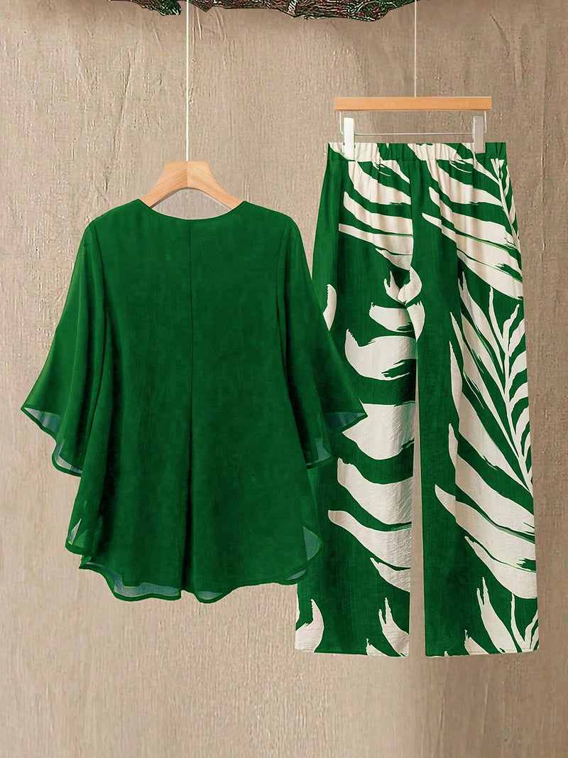 Women's Fashion New Arrival Hot Item Round Neck Chiffon Top with Leaf Print.