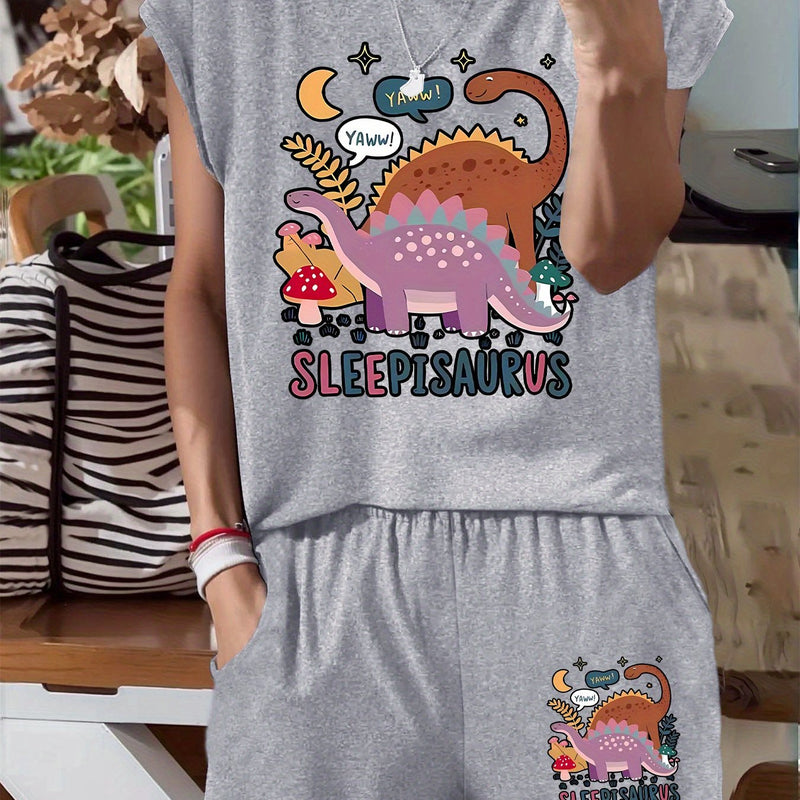 Women's Casual Sleeping Dinosaur Graphic Tee and Shorts.