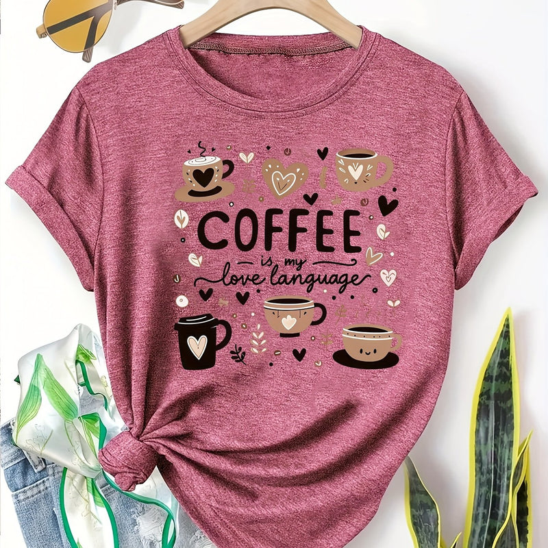 Elegant Women's Short-Sleeve T-Shirt with Coffee-Themed Prints.
