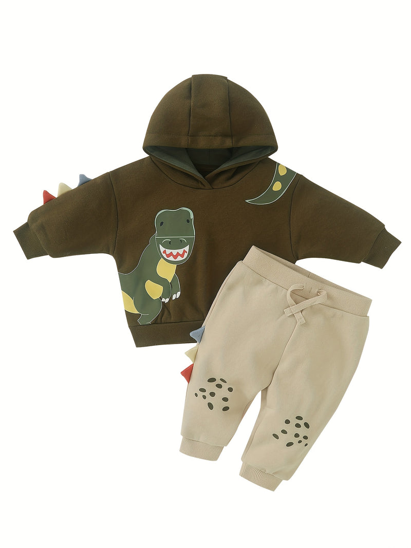 2pcs Baby Boy Set, Long-Sleeved Fleece Hooded Sweatshirt + Long-Sleeved.