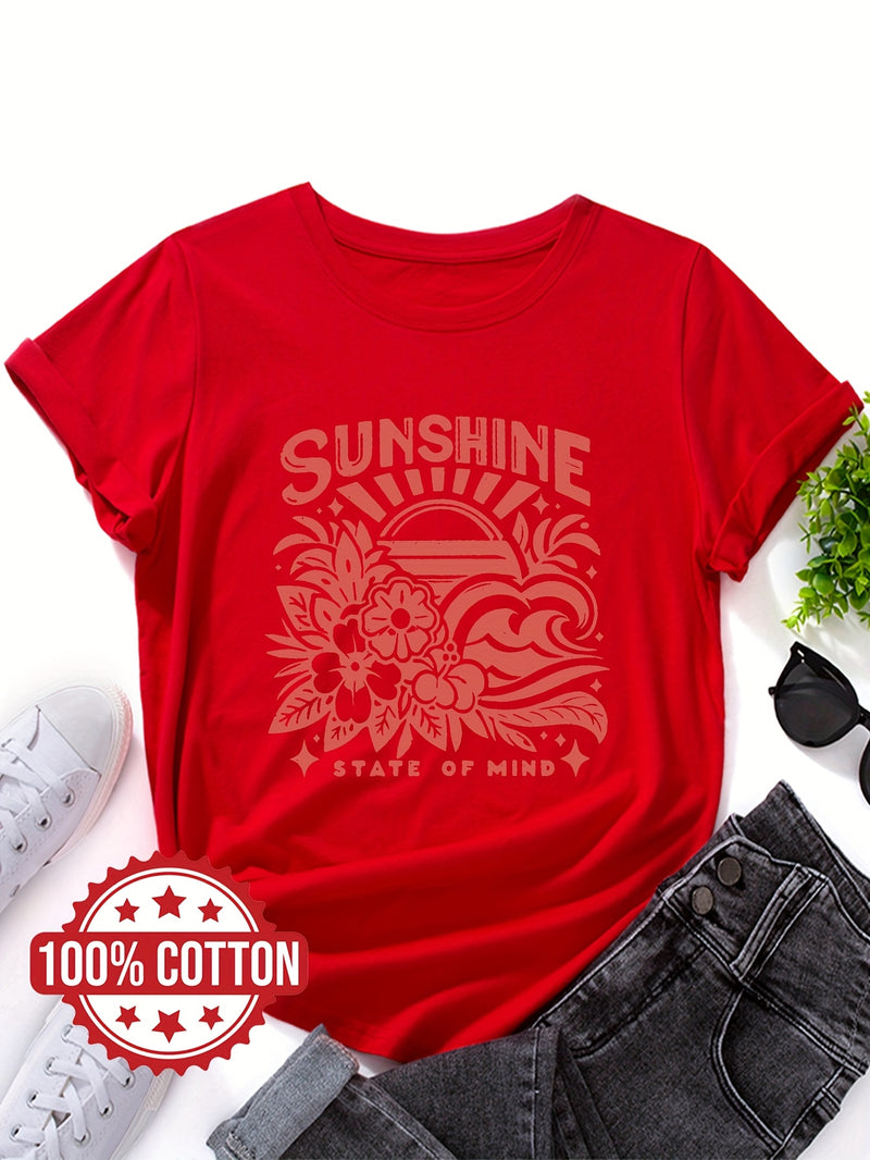 Women's Casual Crew Neck T-Shirt with "SUNSHINE" Graphic Print.