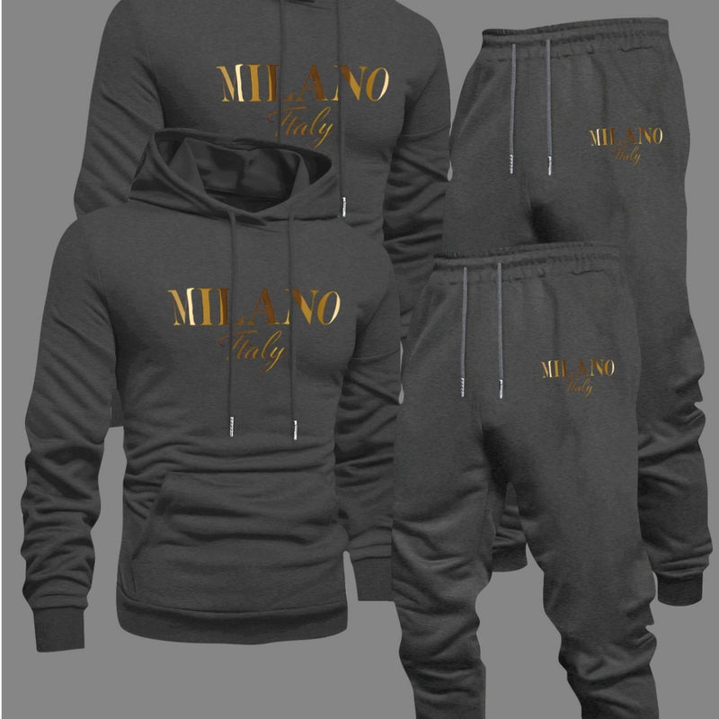 Men's Fashion Slogan Hoodie Four-Piece Set with Drawstring Elastic.