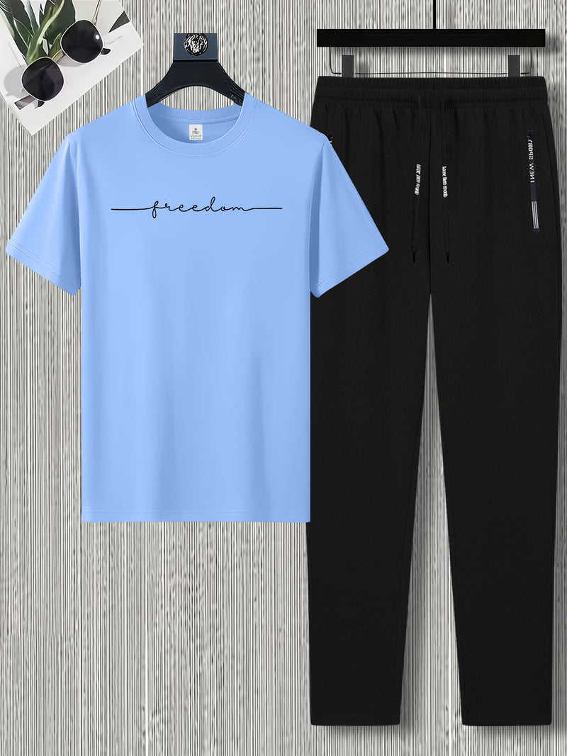 Men's Summer Design Short-Sleeve Set with Stylish Line Prints Paired.