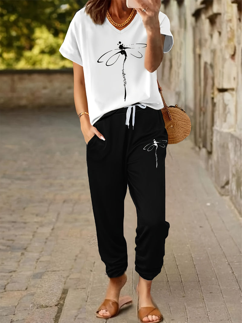 Women's 2pcs Outfit - Batwing V-Neck Top with Dragonfly & Letter Print.