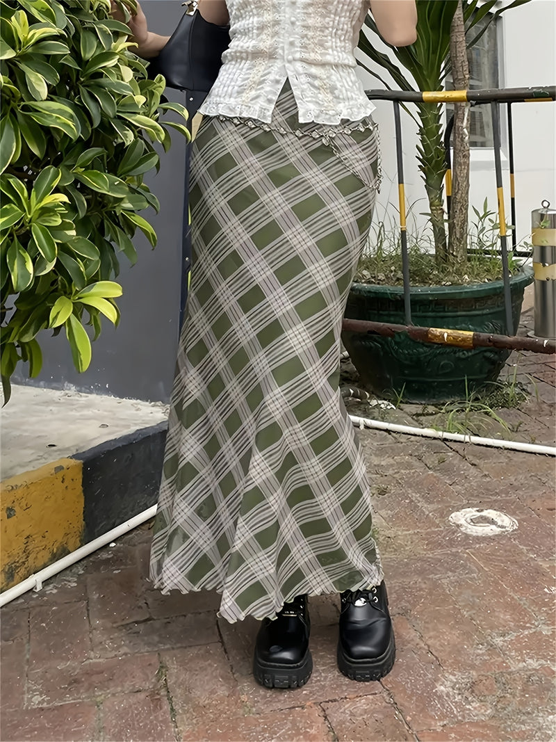 Women's Spring/Summer Floral Ruffle Hem Midi Skirt with Plaid Print.