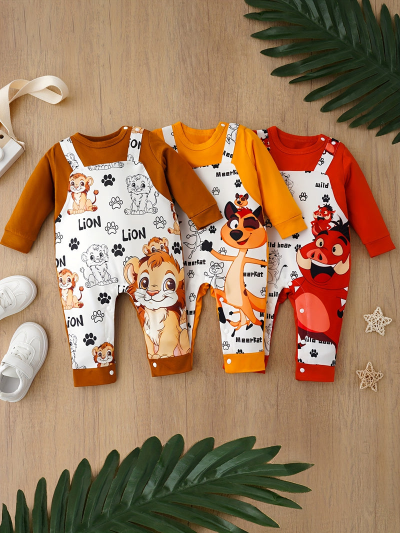 Set of 3 Cartoon Outfits Featuring a Lion, Meerkat, And Wild Boar for Babies.