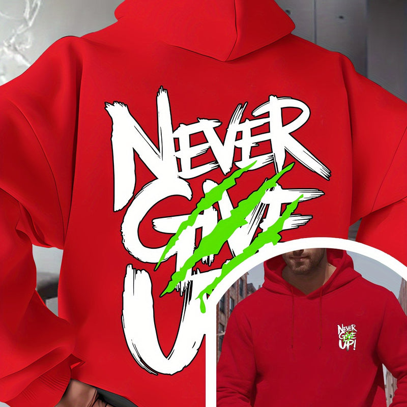 Men's Red Hoodie with "Never Give Up" Print.