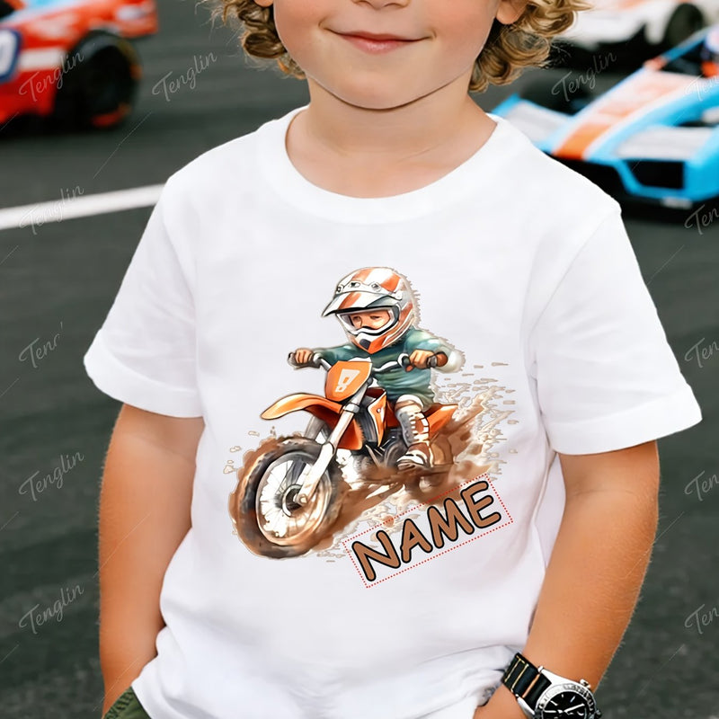 Custom Motorcycle Print Short Sleeve T-Shirt for Boys and Girls.