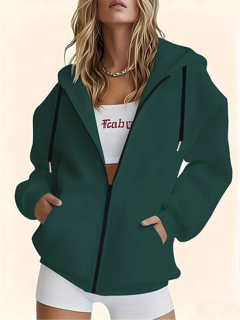 Women's Black Stylish Minimalist Zip-Up Hoodie.