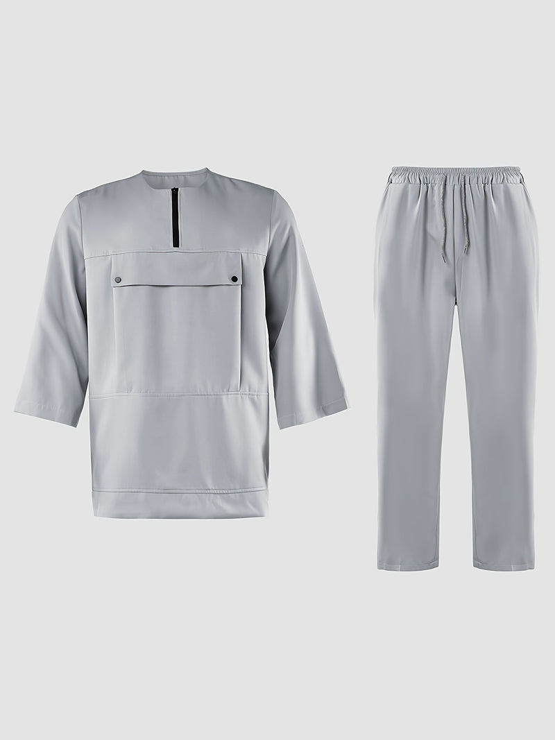 Men's Casual 2pcs Set, Round Neck, Short Sleeve, Zipper, Faux Pocket Design.