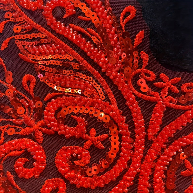 Women’s Elegant Red Embroidered Sequin Dress with Floral Pattern.