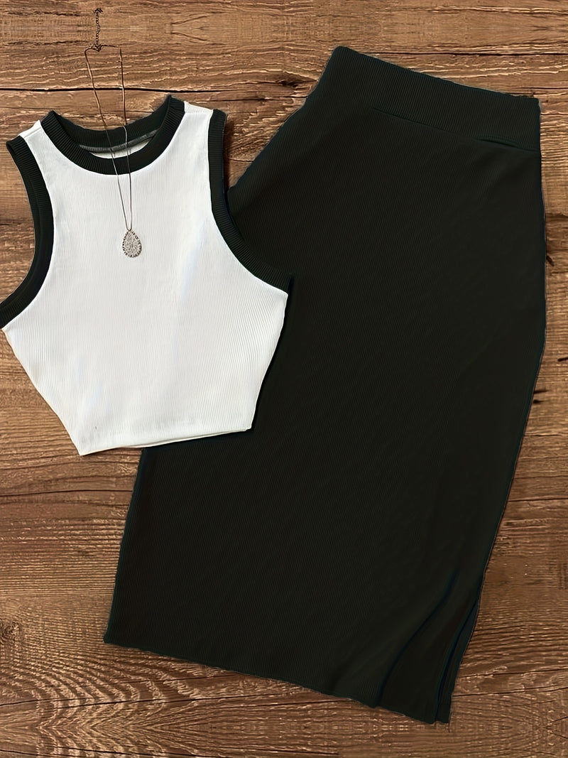Women's Sleeveless Waistcoat and Split Skirt Set.