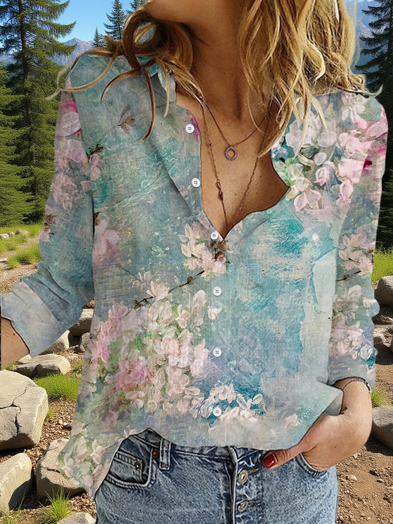 Elegant Women's Floral Print Button-Up Shirt.